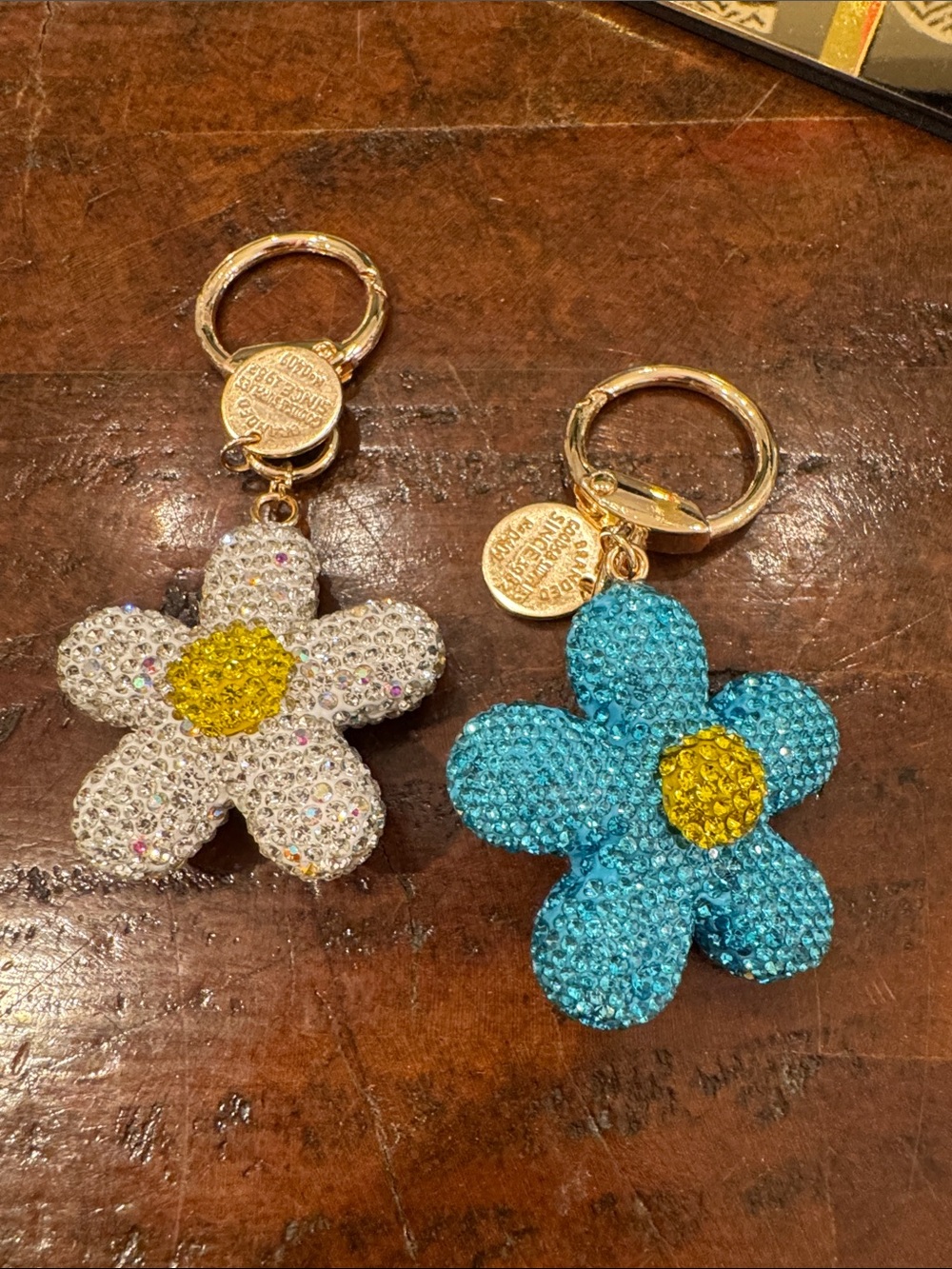 Crystal Flower Keychain Charm - Blue & White with Yellow Center